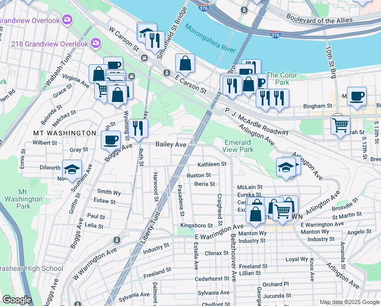 map of restaurants, bars, coffee shops, grocery stores, and more near 335 Kambach Street in Pittsburgh