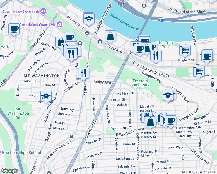 map of restaurants, bars, coffee shops, grocery stores, and more near 335 Kambach Street in Pittsburgh