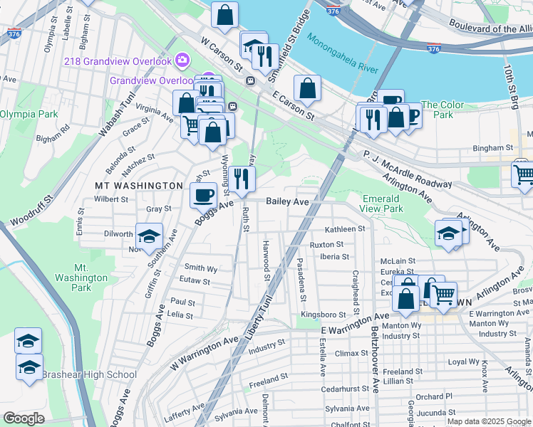map of restaurants, bars, coffee shops, grocery stores, and more near 112 Bailey Avenue in Pittsburgh