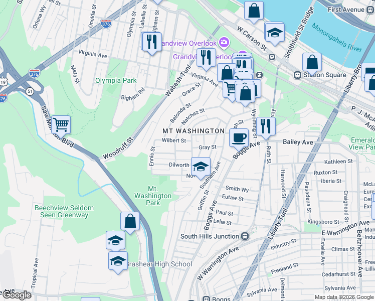 map of restaurants, bars, coffee shops, grocery stores, and more near 3 Gray Street in Pittsburgh