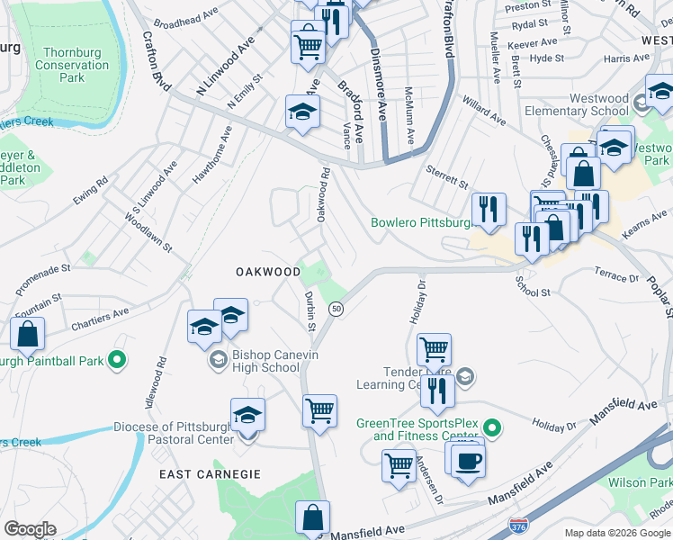 map of restaurants, bars, coffee shops, grocery stores, and more near 86 Oakwood Road in Pittsburgh