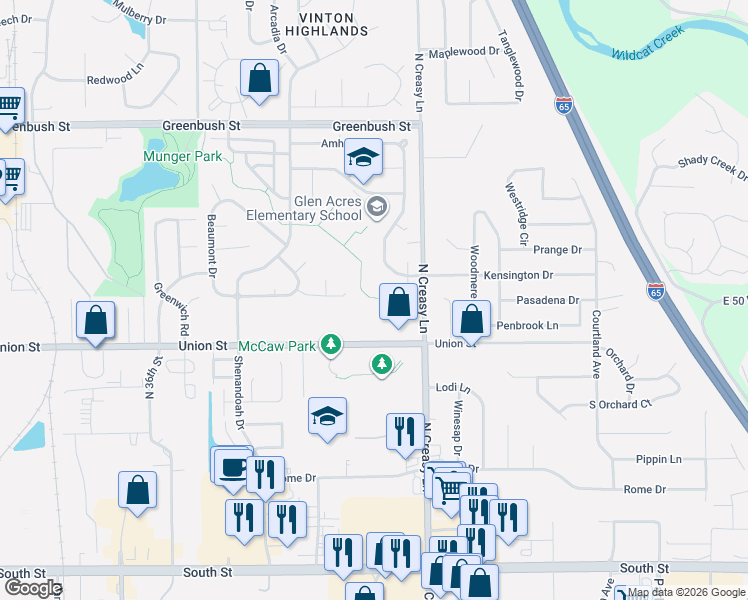 map of restaurants, bars, coffee shops, grocery stores, and more near 3749 Navarre Court in Lafayette