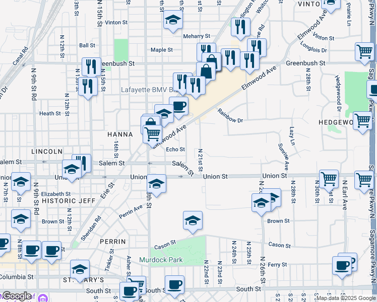 map of restaurants, bars, coffee shops, grocery stores, and more near 1001 North 20th Street in Lafayette
