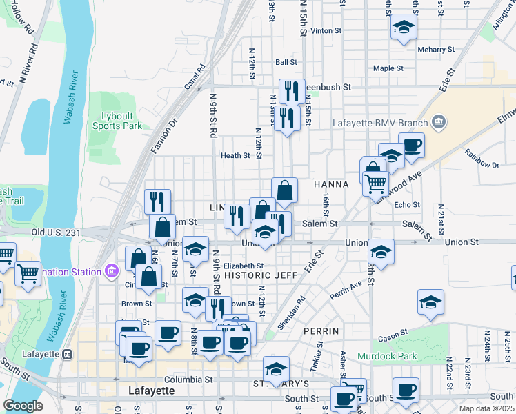 map of restaurants, bars, coffee shops, grocery stores, and more near 101 North 11th Street in Lafayette