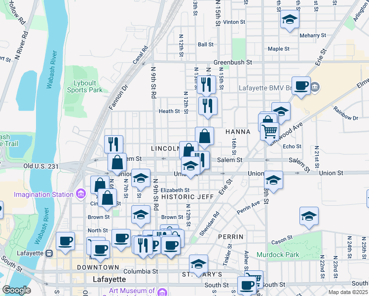 map of restaurants, bars, coffee shops, grocery stores, and more near 101 North 11th Street in Lafayette