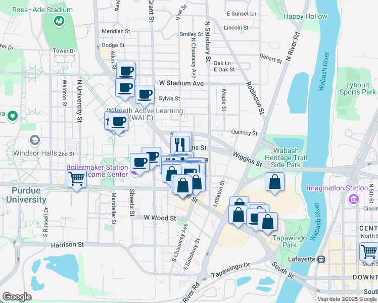 map of restaurants, bars, coffee shops, grocery stores, and more near 323 North Chauncey Avenue in West Lafayette