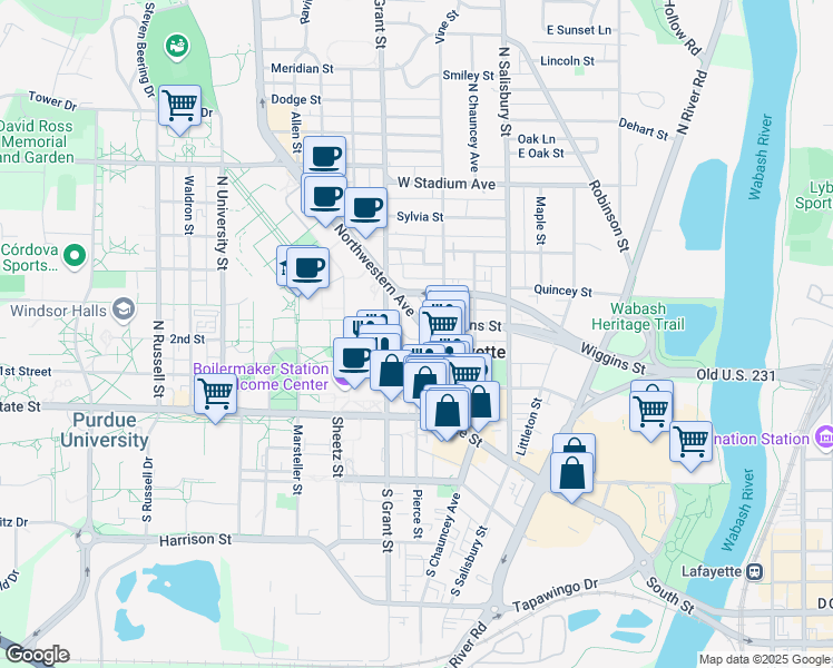 map of restaurants, bars, coffee shops, grocery stores, and more near in West Lafayette