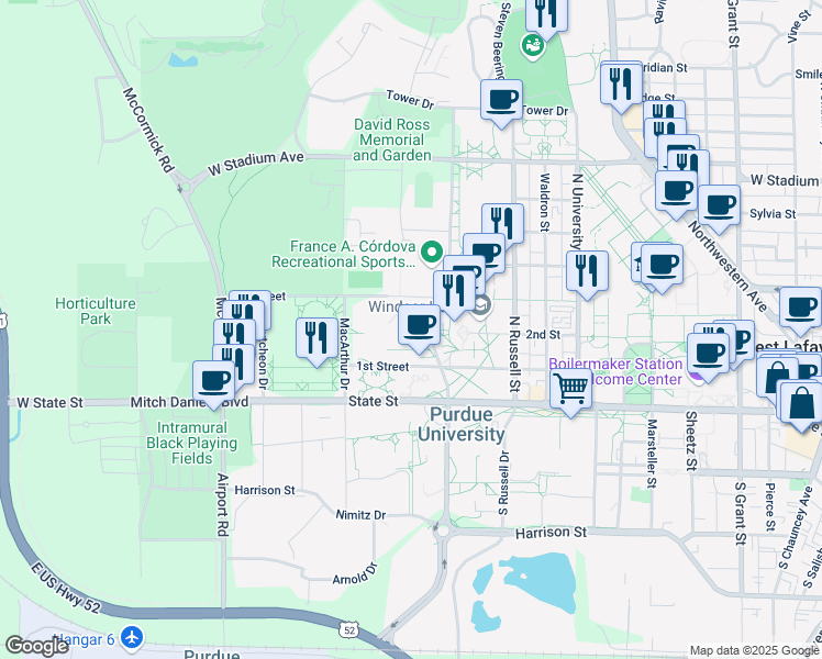 map of restaurants, bars, coffee shops, grocery stores, and more near 201 North Martin Jischke Drive in West Lafayette