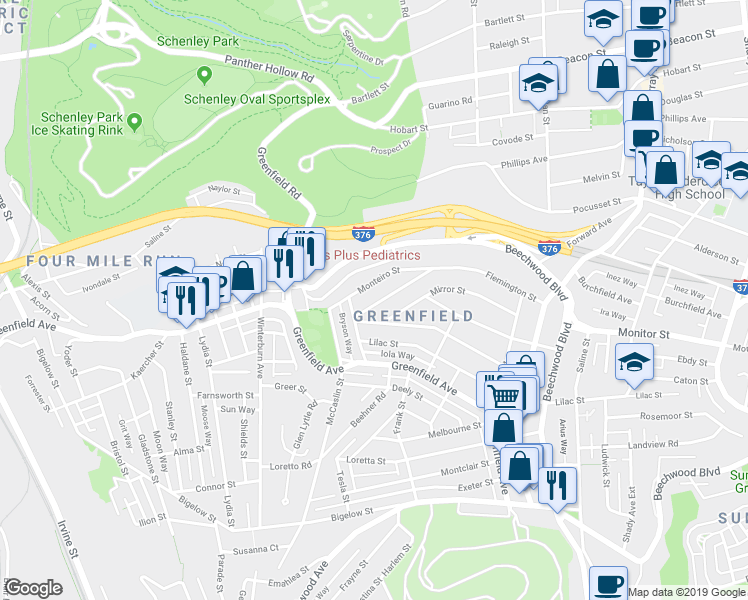 map of restaurants, bars, coffee shops, grocery stores, and more near 827 Flemington Street in Pittsburgh
