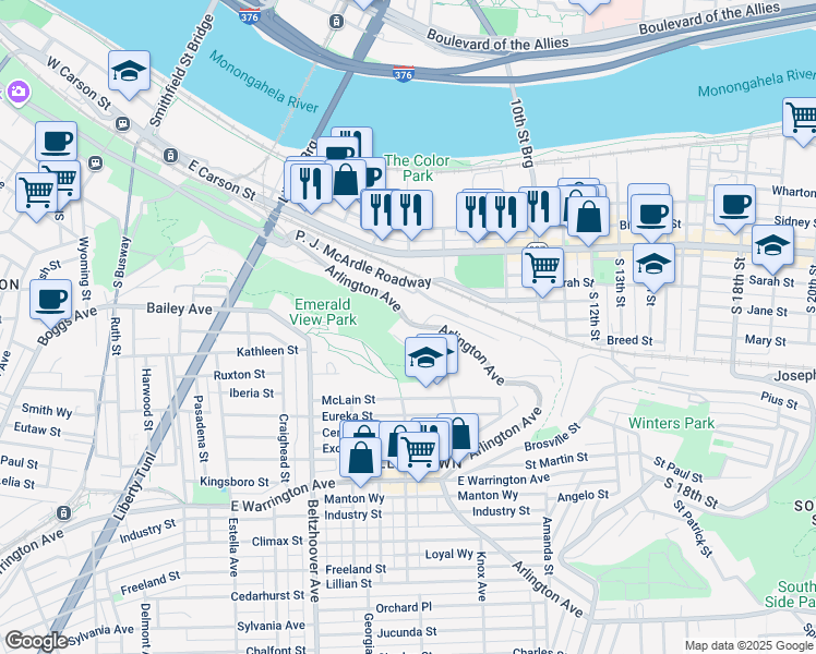 map of restaurants, bars, coffee shops, grocery stores, and more near 628 Arlington Avenue in Pittsburgh