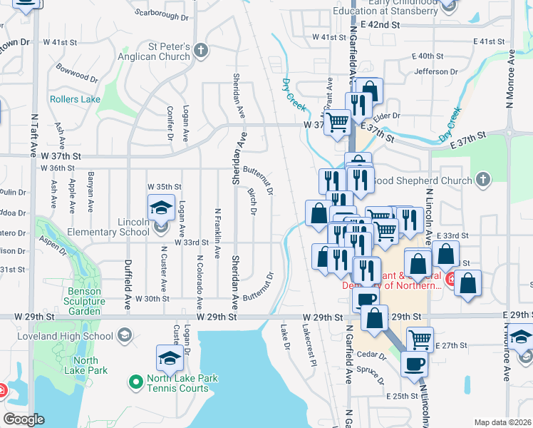 map of restaurants, bars, coffee shops, grocery stores, and more near 3321 Butternut Drive in Loveland