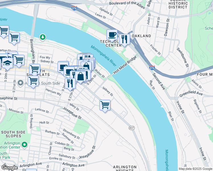 map of restaurants, bars, coffee shops, grocery stores, and more near 2915 Sidney Street in Pittsburgh
