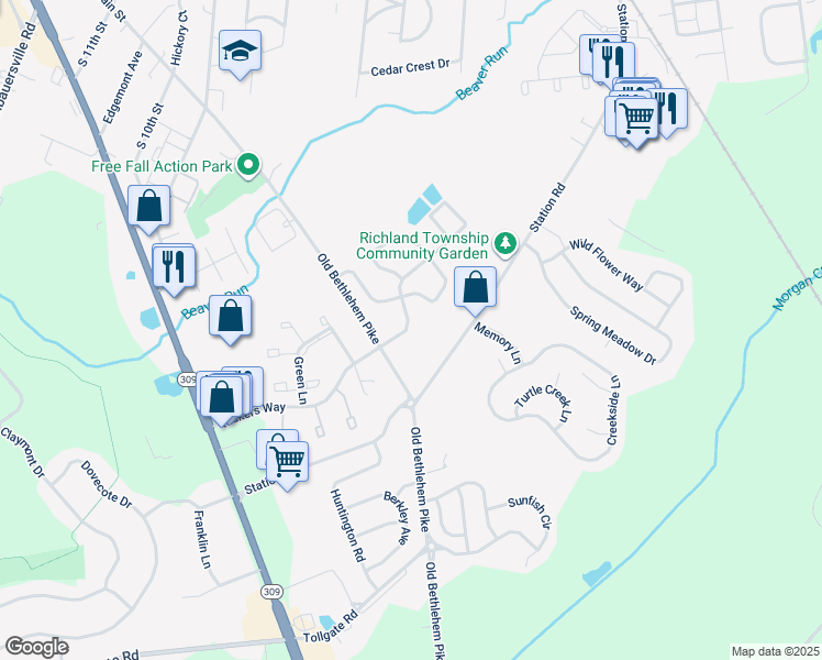 map of restaurants, bars, coffee shops, grocery stores, and more near 1212 Quakers Way in Quakertown