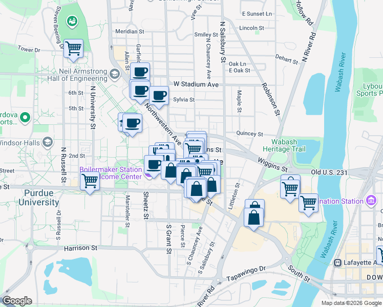 map of restaurants, bars, coffee shops, grocery stores, and more near 317 Vine Street in West Lafayette