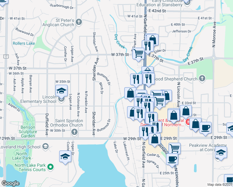map of restaurants, bars, coffee shops, grocery stores, and more near 3402 Butternut Drive in Loveland