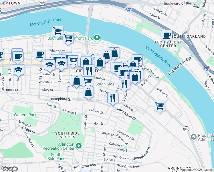 map of restaurants, bars, coffee shops, grocery stores, and more near 2412 Larkins Way in Pittsburgh