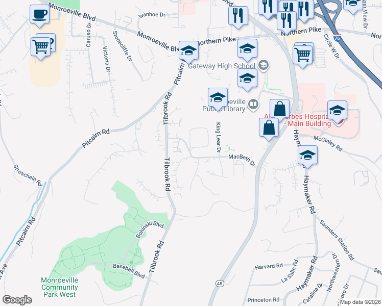 map of restaurants, bars, coffee shops, grocery stores, and more near 920 Macbeth Drive in Monroeville