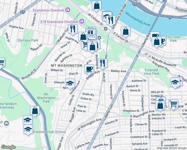 map of restaurants, bars, coffee shops, grocery stores, and more near 121 Boggs Avenue in Pittsburgh