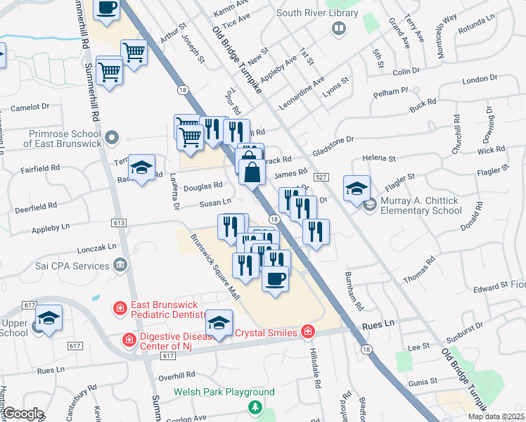 map of restaurants, bars, coffee shops, grocery stores, and more near 747 New Jersey 18 in East Brunswick