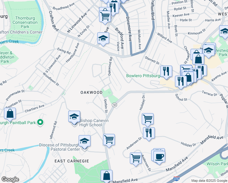 map of restaurants, bars, coffee shops, grocery stores, and more near 86 Oakwood Rd in Pittsburgh