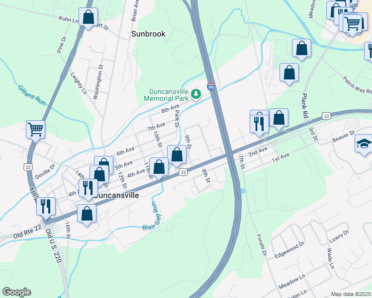 map of restaurants, bars, coffee shops, grocery stores, and more near 900 4th Avenue in Duncansville