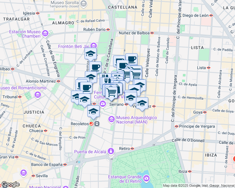 map of restaurants, bars, coffee shops, grocery stores, and more near 23 Calle Serrano in Madrid