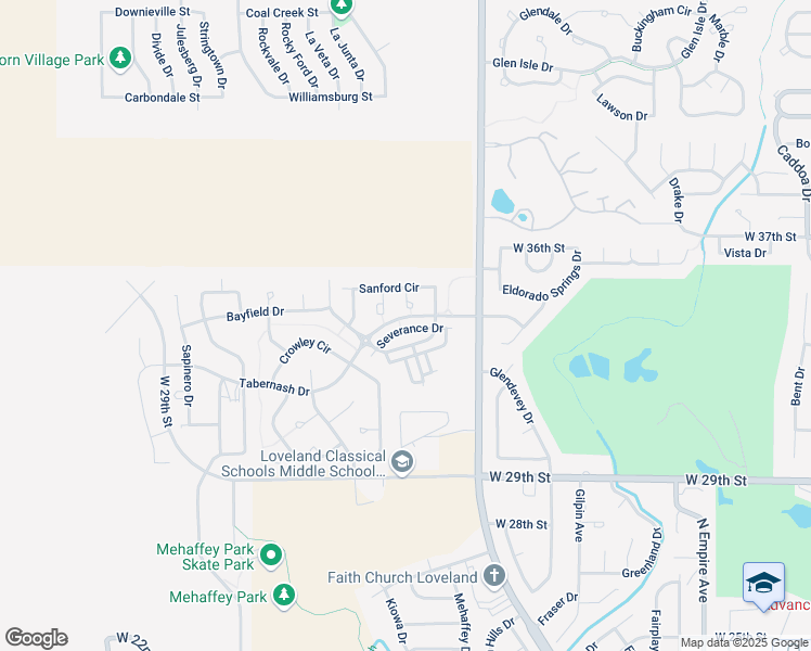 map of restaurants, bars, coffee shops, grocery stores, and more near 2980 Tabernash Drive in Loveland