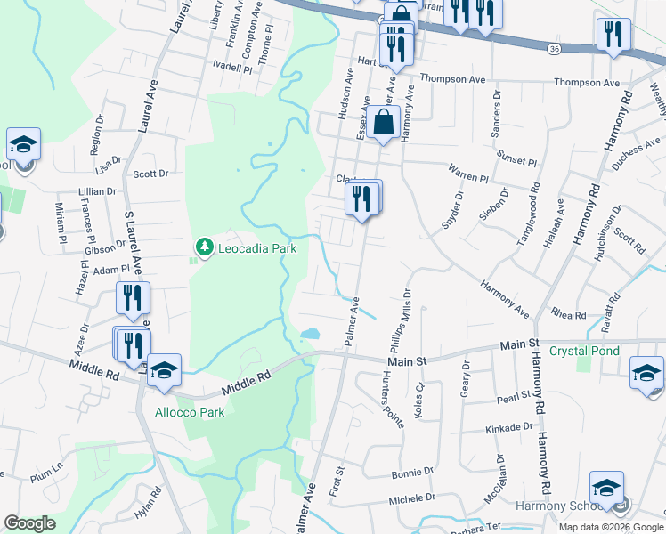 map of restaurants, bars, coffee shops, grocery stores, and more near 20 Palmer Court in Holmdel