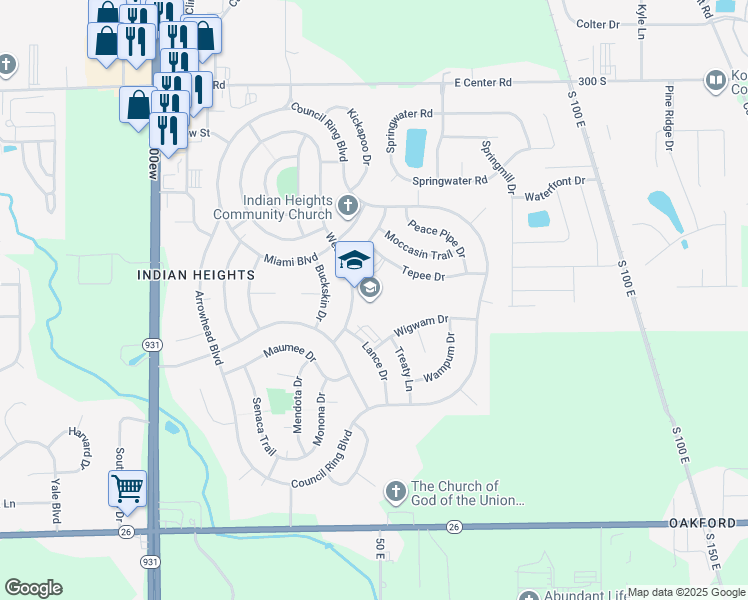 map of restaurants, bars, coffee shops, grocery stores, and more near 5500 Wea Drive in Kokomo