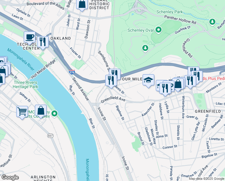 map of restaurants, bars, coffee shops, grocery stores, and more near 3806 Acorn Street in Pittsburgh