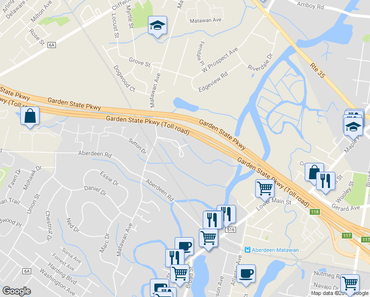 map of restaurants, bars, coffee shops, grocery stores, and more near 22 Oak Knoll Drive in Matawan