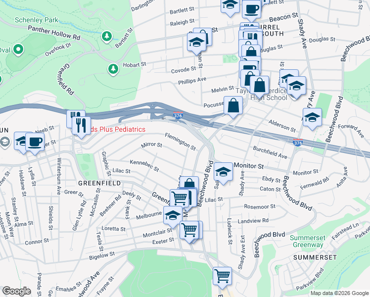 map of restaurants, bars, coffee shops, grocery stores, and more near 4004 Windsor Street in Pittsburgh