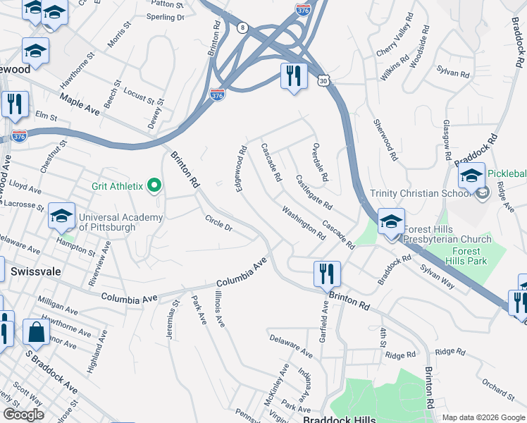 map of restaurants, bars, coffee shops, grocery stores, and more near 609 Edgewood Rd in Pittsburgh
