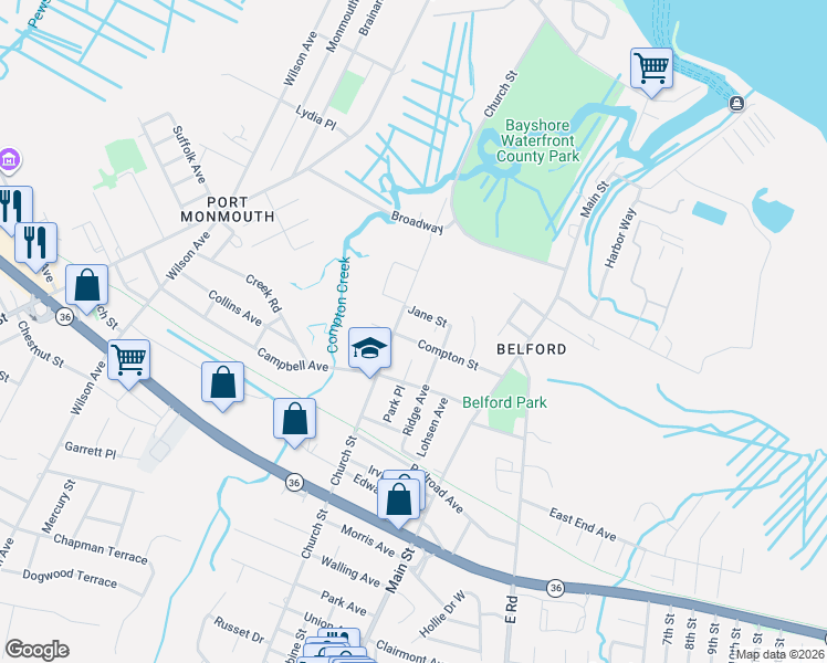 map of restaurants, bars, coffee shops, grocery stores, and more near 45 Jane Street in Belford