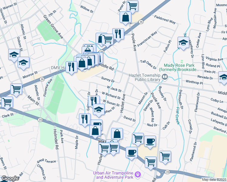 map of restaurants, bars, coffee shops, grocery stores, and more near 9 W Jack St in Hazlet