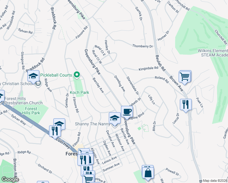 map of restaurants, bars, coffee shops, grocery stores, and more near 4005 Greensburg Pike in Pittsburgh