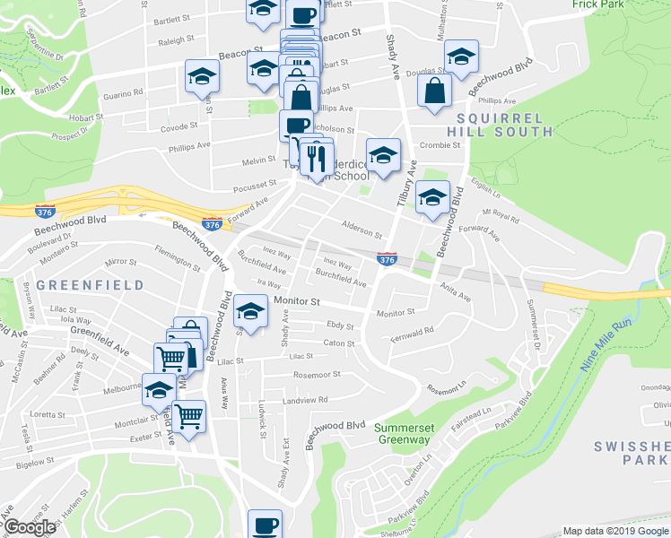 map of restaurants, bars, coffee shops, grocery stores, and more near 6343 Burchfield Avenue in Pittsburgh