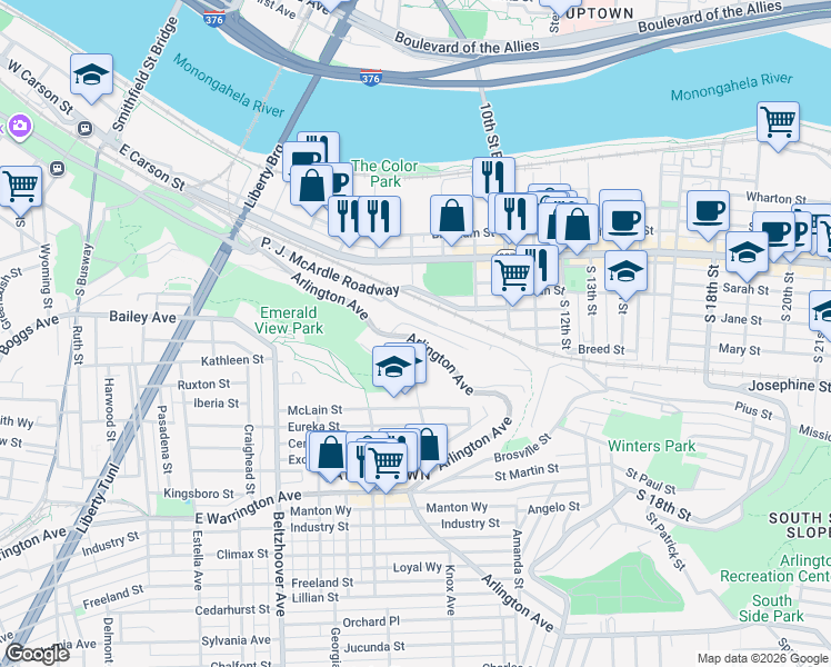 map of restaurants, bars, coffee shops, grocery stores, and more near 715 Arlington Avenue in Pittsburgh