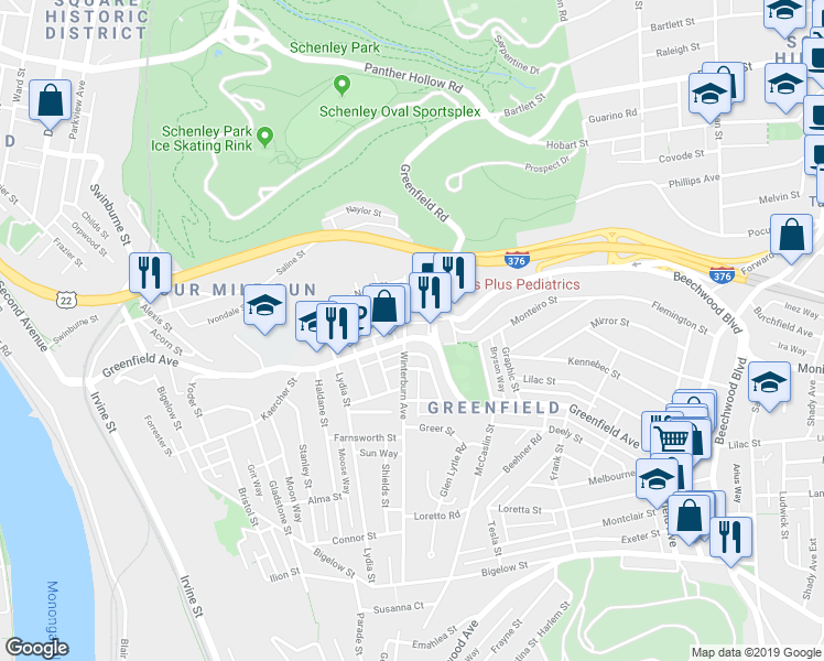 map of restaurants, bars, coffee shops, grocery stores, and more near 605 Greenfield Avenue in Pittsburgh