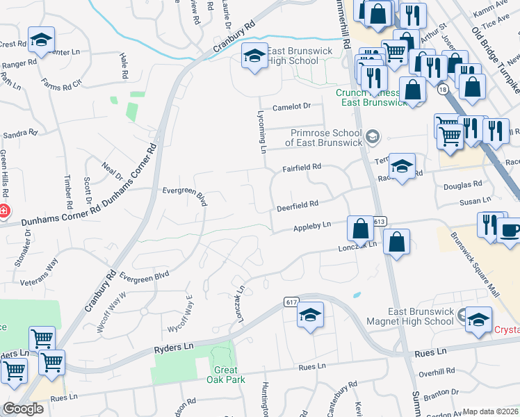 map of restaurants, bars, coffee shops, grocery stores, and more near 55 Deerfield Road in East Brunswick