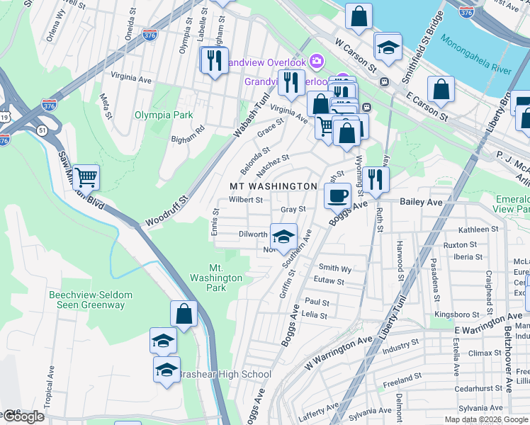 map of restaurants, bars, coffee shops, grocery stores, and more near 3 Gray Street in Pittsburgh