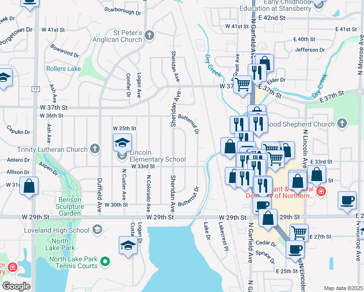 map of restaurants, bars, coffee shops, grocery stores, and more near 3405 Birch Drive in Loveland