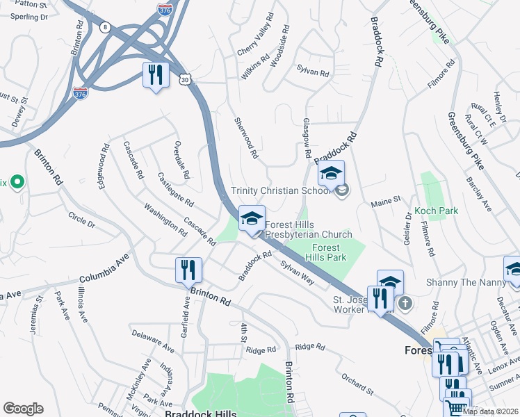 map of restaurants, bars, coffee shops, grocery stores, and more near 215 Elmore Road in Pittsburgh