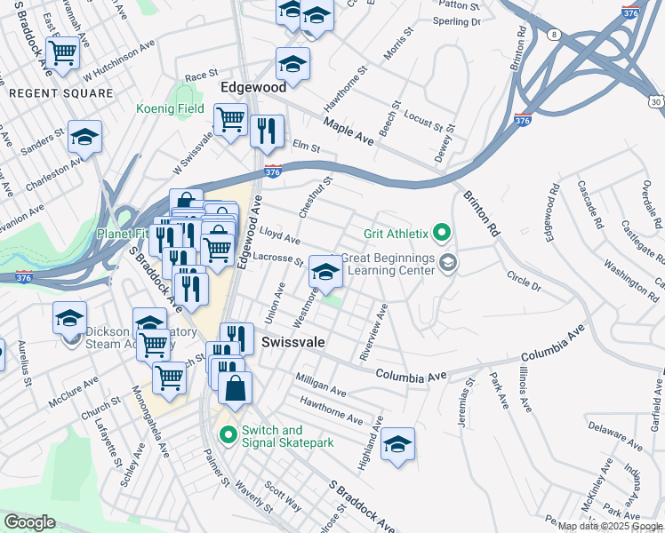map of restaurants, bars, coffee shops, grocery stores, and more near 8010 Westmoreland Avenue in Pittsburgh