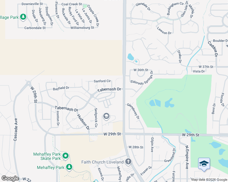 map of restaurants, bars, coffee shops, grocery stores, and more near 2880 Tabernash Drive in Loveland