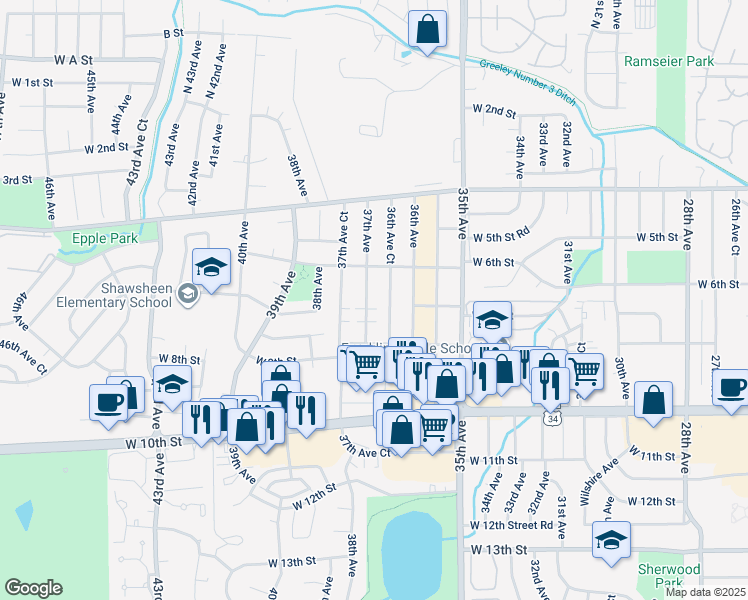 map of restaurants, bars, coffee shops, grocery stores, and more near 632 37th Avenue in Greeley