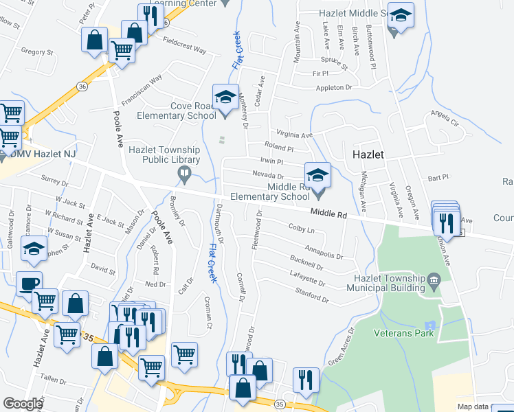 map of restaurants, bars, coffee shops, grocery stores, and more near 1 Fleetwood Drive in Hazlet