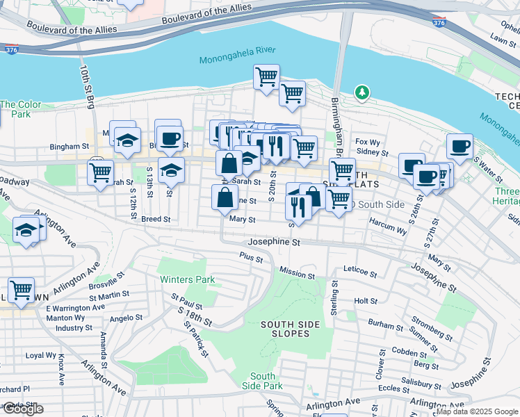 map of restaurants, bars, coffee shops, grocery stores, and more near 1919 Harcum Way in Pittsburgh