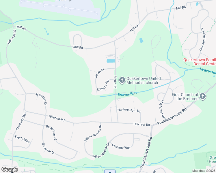 map of restaurants, bars, coffee shops, grocery stores, and more near 105 Roberts Avenue in Quakertown