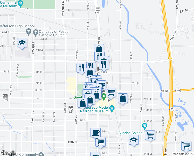 map of restaurants, bars, coffee shops, grocery stores, and more near 615 U.S. 85 Business in Greeley